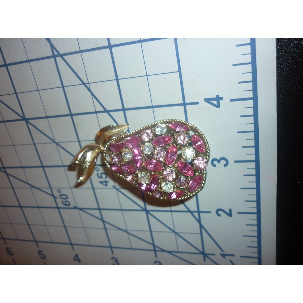Vintage Coro Signed Pink Rhinestone Pear Brooch Fruit Pin Gold Tone Marquise - Picture 4 of 8
